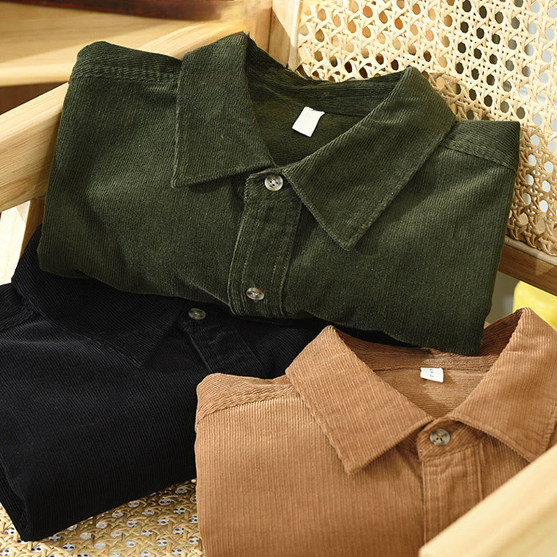 Camisa de pana de algodón para hombre, manga larga, cuello alto, botones y bolsillo decorativo con Buddha Stones en otoño - image 19