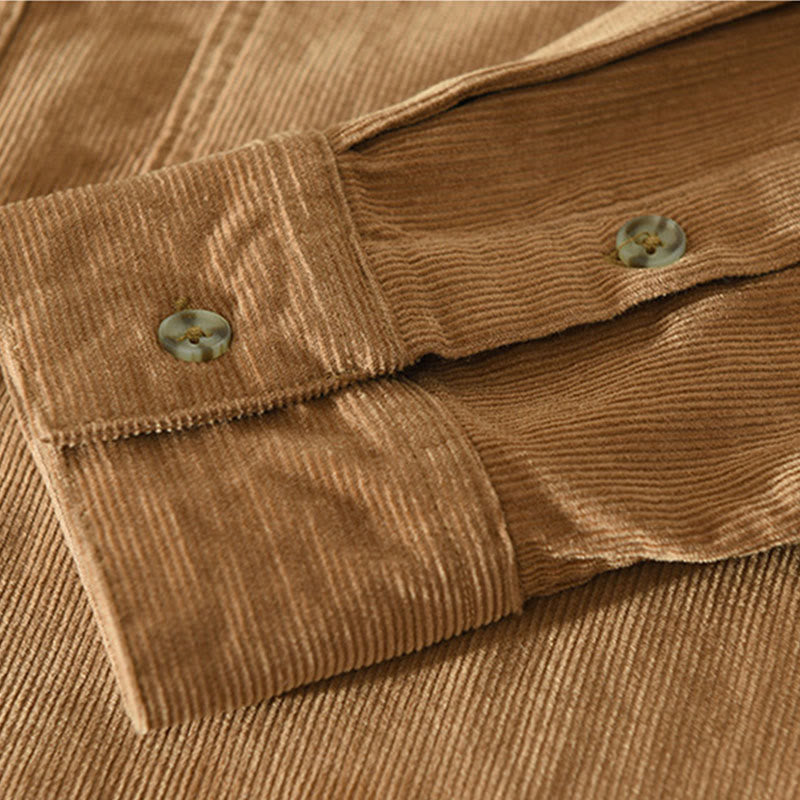 Camisa de pana de algodón para hombre, manga larga, cuello alto, botones y bolsillo decorativo con Buddha Stones en otoño - image 6