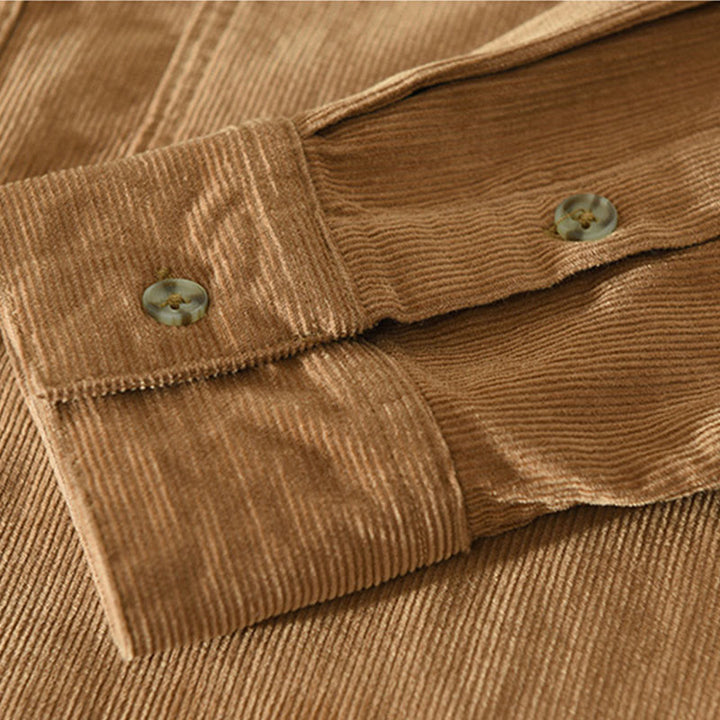 Camisa de pana de algodón para hombre, manga larga, cuello alto, botones y bolsillo decorativo con Buddha Stones en otoño - image 6