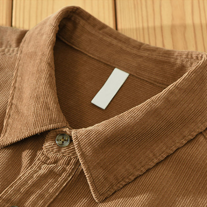 Camisa de pana de algodón para hombre, manga larga, cuello alto, botones y bolsillo decorativo con Buddha Stones en otoño - image 3