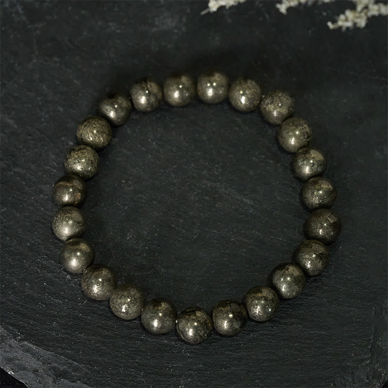 Pulsera de cuentas redondas de pirita y Buddha Stones que promueve la confianza y la abundancia - Pirita (circunferencia de la muñeca: 15-16 cm) - image 0