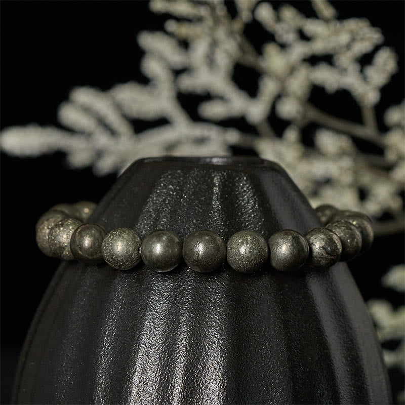Pulsera de cuentas redondas de pirita y Buddha Stones que promueve la confianza y la abundancia - image 2