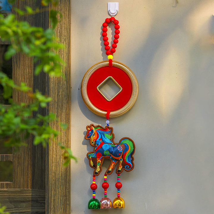 Buddha Stones, Año del Caballo, Bordado, Bolsa de Dinero, Calabaza, Monedas de Cobre, Campana, Amuleto, Decoración Colgante para el Éxito - Caballo marrón y monedas de cobre (12 x 42 cm) - image 7