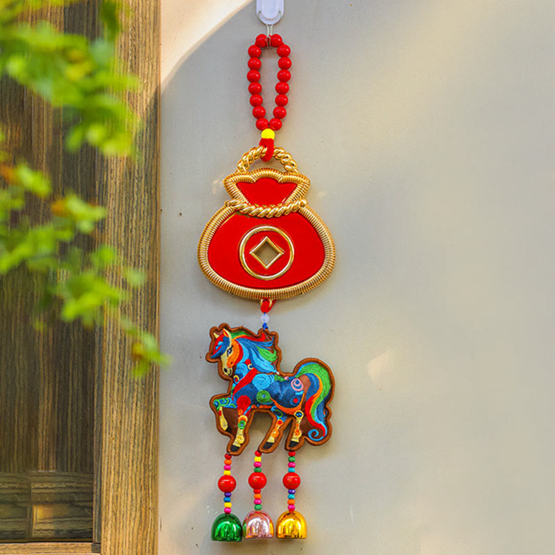 Buddha Stones, Año del Caballo, Bordado, Bolsa de Dinero, Calabaza, Monedas de Cobre, Campana, Amuleto, Decoración Colgante para el Éxito - Caballo marrón y bolsa de dinero (12 x 42 cm) - image 1