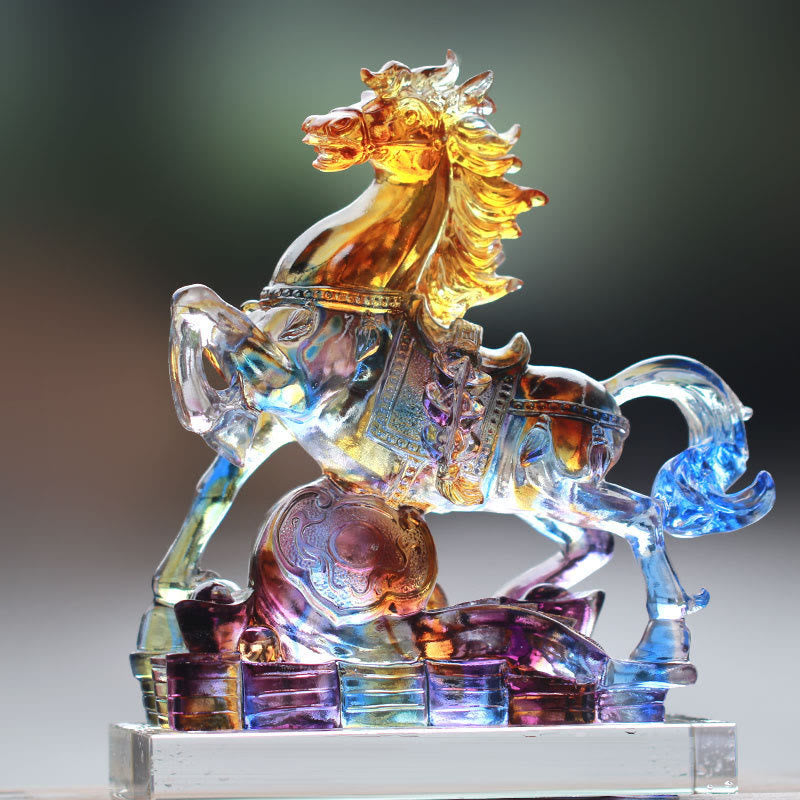 Buddha Stones talladas del Año del Caballo, Caballo Ruyi, Liuli, pieza de arte de cristal, prosperidad, decoración para el hogar y la oficina. - Caballo (con base de cristal) 21 x 8,5 x 22 cm - image 4