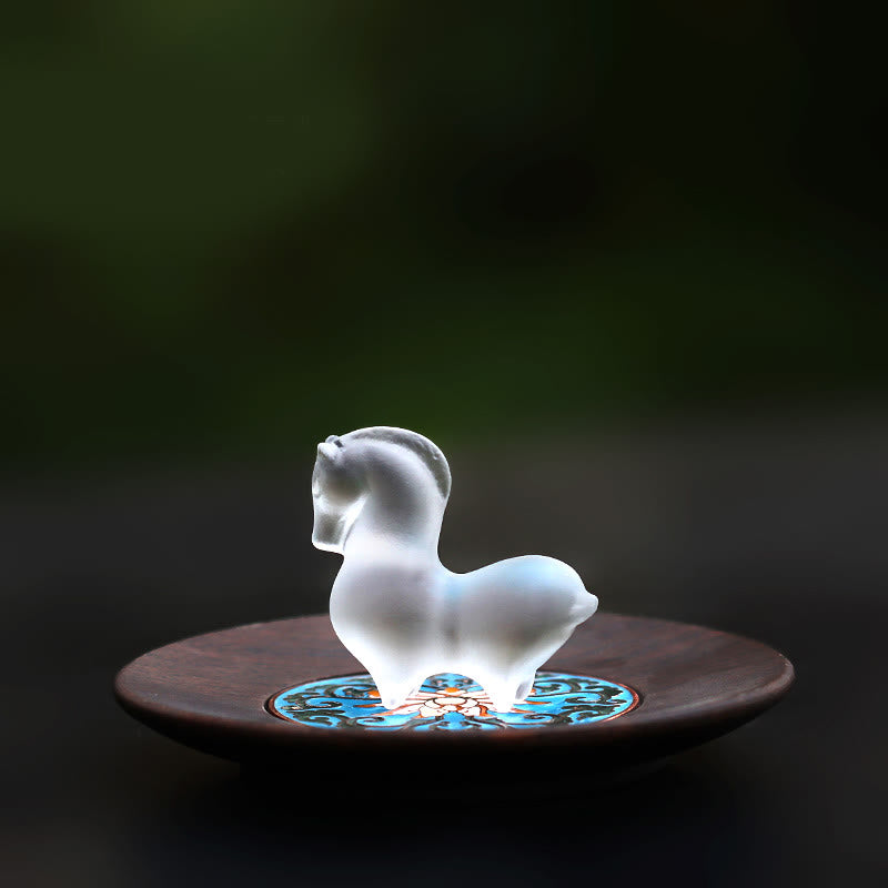 Buddha Stones Año del Caballo Vaina de Loto Hoja de Loto Liuli Pieza de Arte de Cristal Decoración Energética para el Hogar y la Oficina - Almohadilla para caballos y madera - image 7