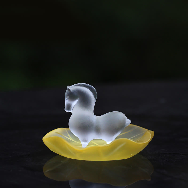 Buddha Stones Año del Caballo Vaina de Loto Hoja de Loto Liuli Pieza de Arte de Cristal Decoración Energética para el Hogar y la Oficina - Cojín de hoja de loto amarillo y caballo - image 4