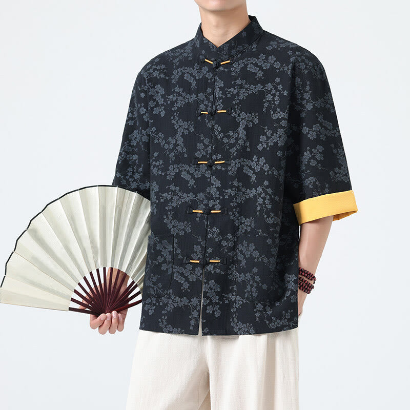Camisa de lino y algodón de manga corta para hombre con estampado de flores de durazno de verano y Buddha Stones , con botones de rana china - image 1