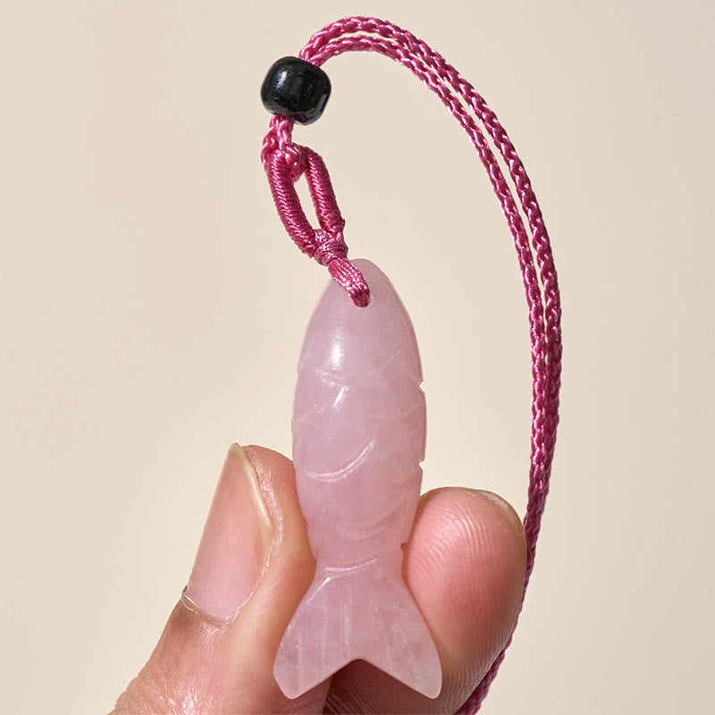 Collar con colgante de Buddha Stones tallada con pez koi, cristal rosa, ágata india, amatista, calidez y prosperidad. - image 3