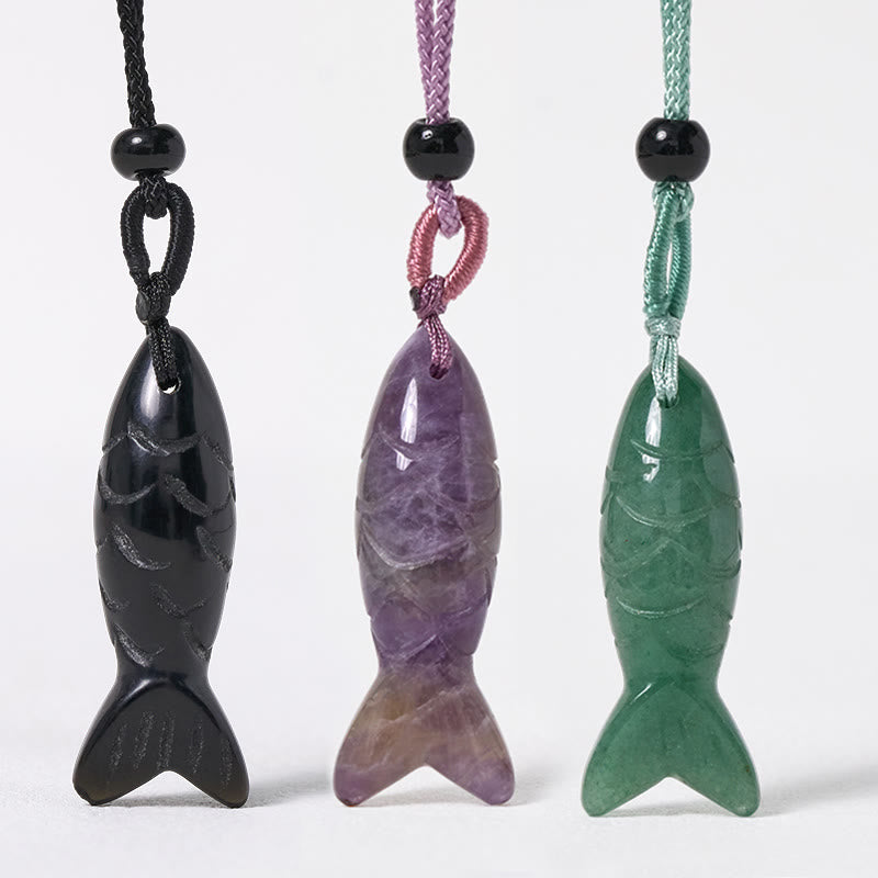 Collar con colgante de Buddha Stones tallada con pez koi, cristal rosa, ágata india, amatista, calidez y prosperidad. - image 0