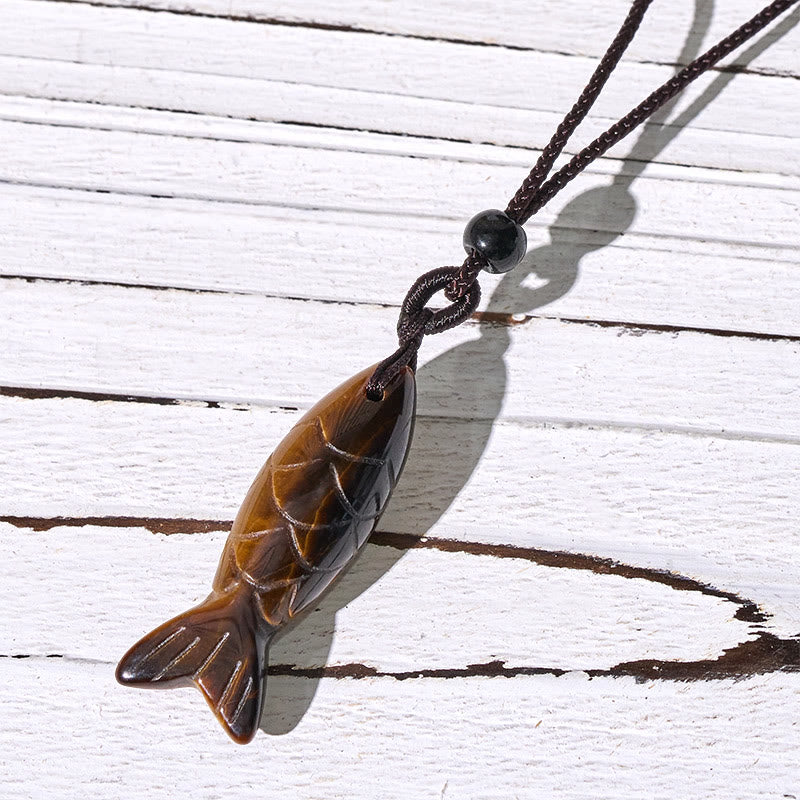 Collar con colgante de Buddha Stones tallada con pez koi, cristal rosa, ágata india, amatista, calidez y prosperidad. - Ojo de tigre (tamaño del colgante: 15 x 40 mm) - image 28