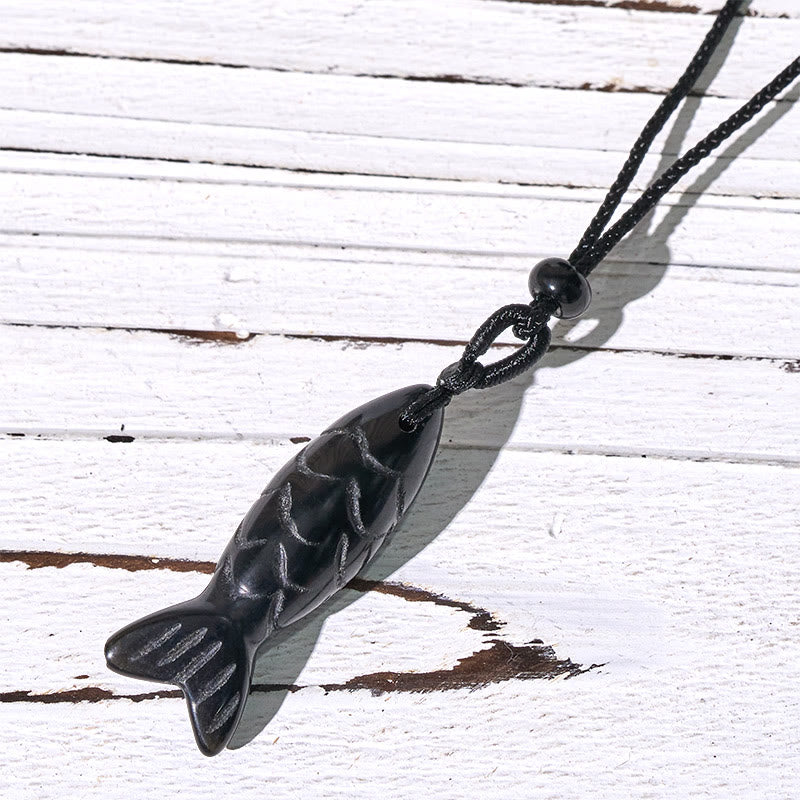 Collar con colgante de Buddha Stones tallada con pez koi, cristal rosa, ágata india, amatista, calidez y prosperidad. - Obsidiana negra (tamaño del colgante: 15 x 40 mm) - image 63