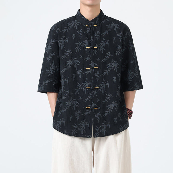 Camisa de lino y algodón de manga corta para hombre, con estampado de hojas de bambú y Buddha Stones de verano, con botones de rana china - Negro - US/UK/AU46, EU56 (5XL) - image 0