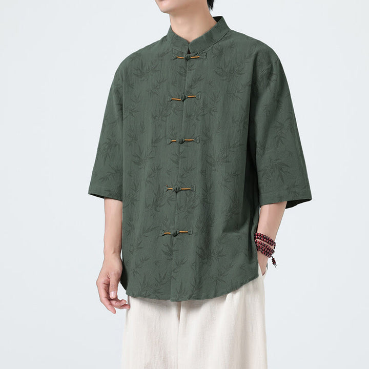 Camisa de lino y algodón de manga corta para hombre, con estampado de hojas de bambú y Buddha Stones de verano, con botones de rana china - Verdemar - US/UK/AU46, EU56 (5XL) - image 7