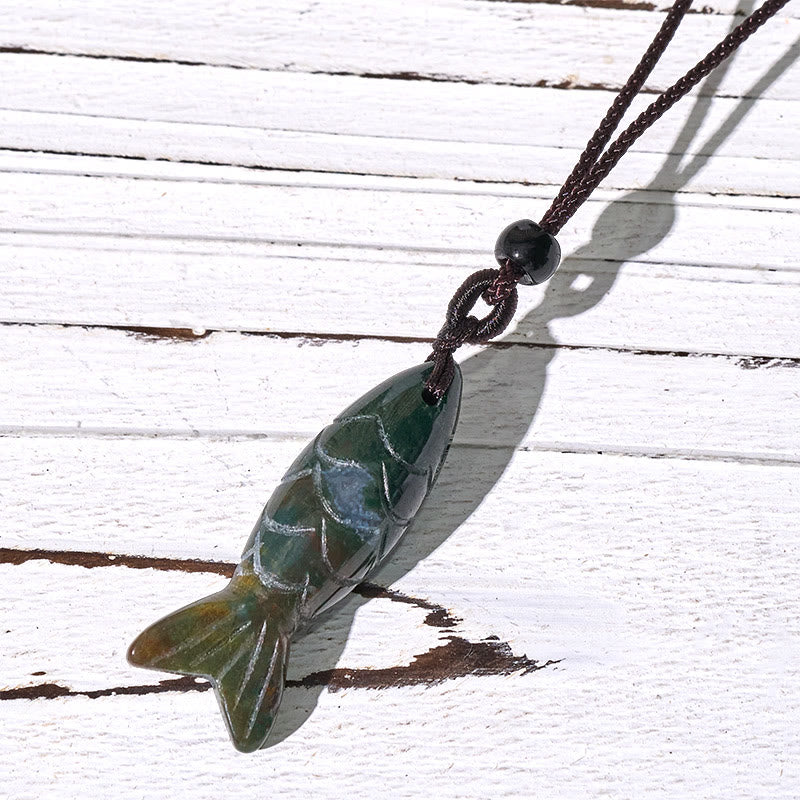 Collar con colgante de Buddha Stones tallada con pez koi, cristal rosa, ágata india, amatista, calidez y prosperidad. - Ágata india (tamaño del colgante: 15 x 40 mm) - image 7