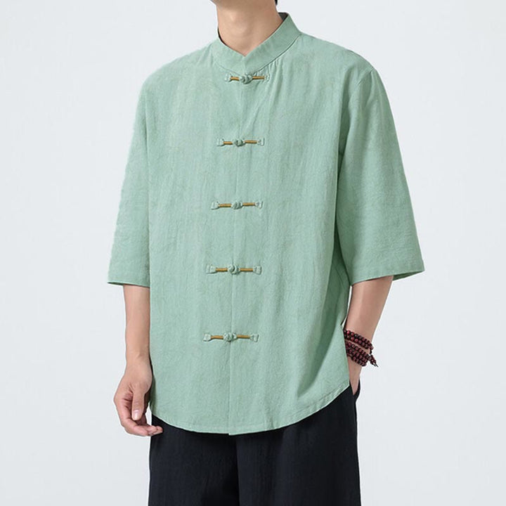 Camisa de lino y algodón de manga corta para hombre, con estampado de hojas de bambú y Buddha Stones de verano, con botones de rana china - image 14
