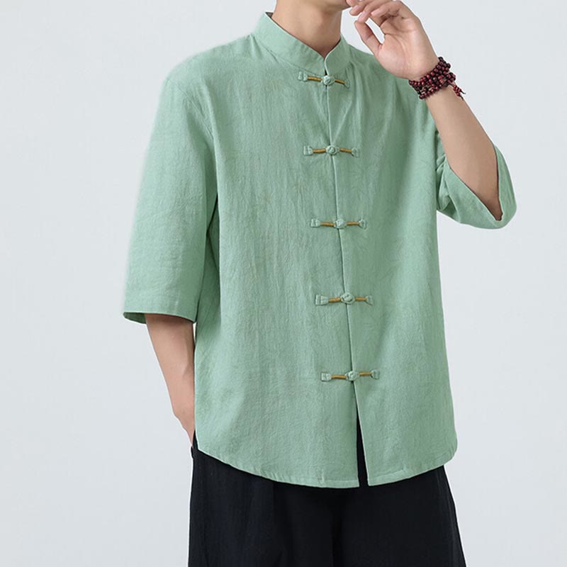 Camisa de lino y algodón de manga corta para hombre, con estampado de hojas de bambú y Buddha Stones de verano, con botones de rana china - image 13