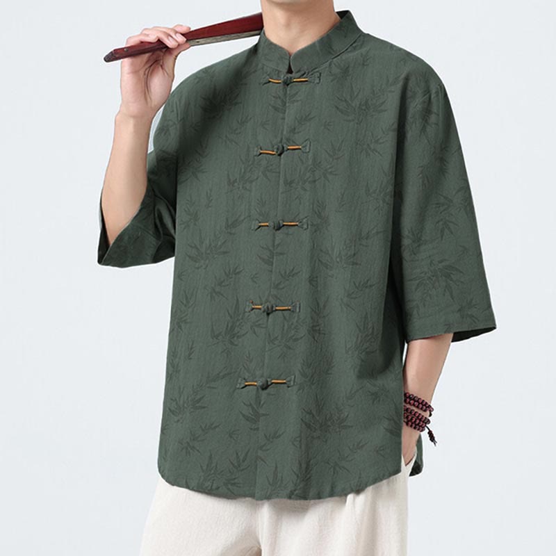 Camisa de lino y algodón de manga corta para hombre, con estampado de hojas de bambú y Buddha Stones de verano, con botones de rana china - image 10