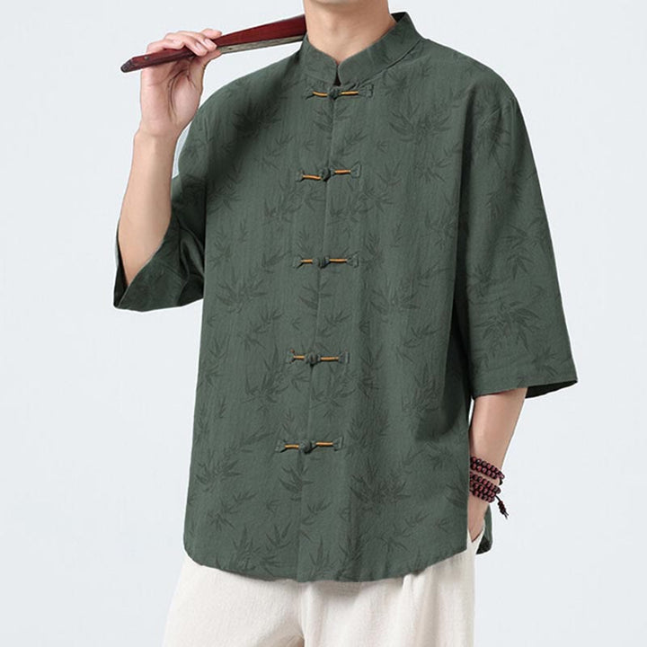 Camisa de lino y algodón de manga corta para hombre, con estampado de hojas de bambú y Buddha Stones de verano, con botones de rana china - image 10
