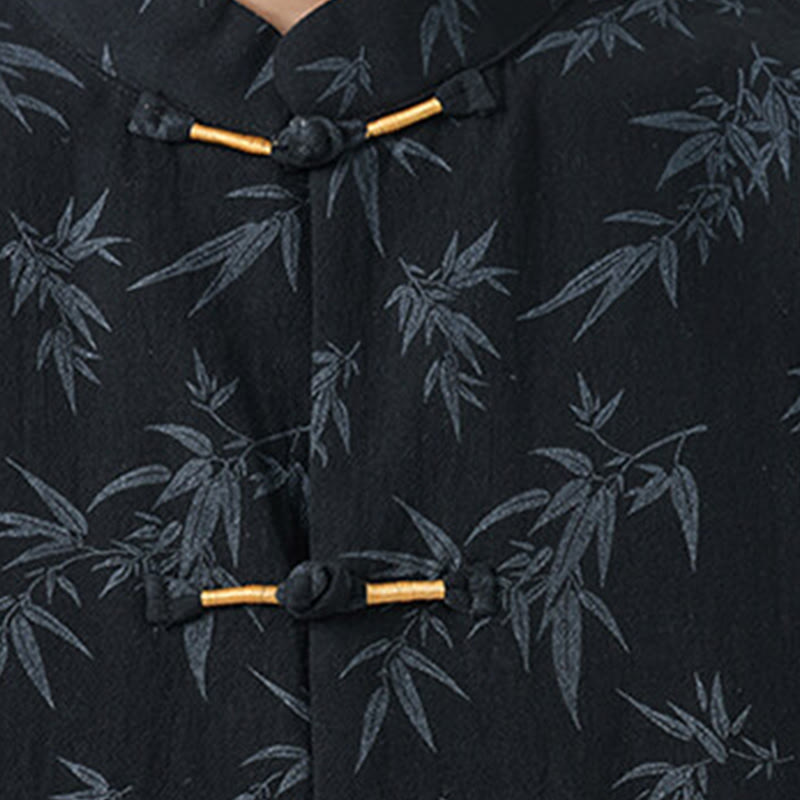 Camisa de lino y algodón de manga corta para hombre, con estampado de hojas de bambú y Buddha Stones de verano, con botones de rana china - image 4