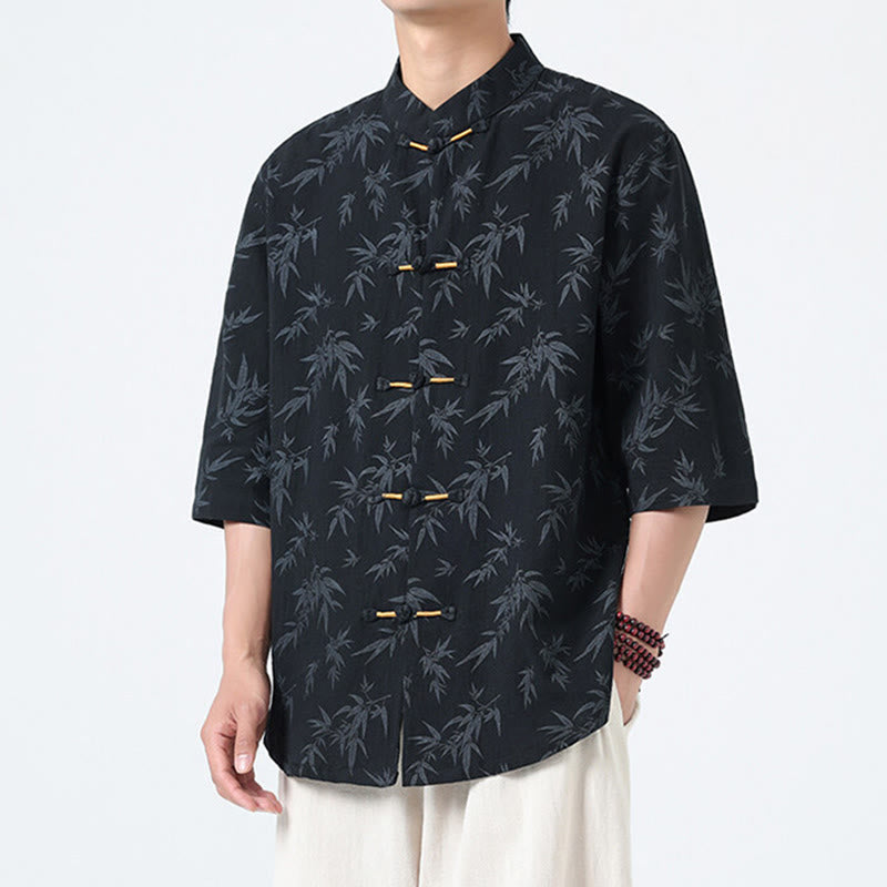 Camisa de lino y algodón de manga corta para hombre, con estampado de hojas de bambú y Buddha Stones de verano, con botones de rana china - image 2