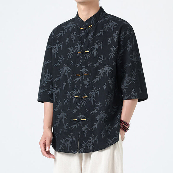 Camisa de lino y algodón de manga corta para hombre, con estampado de hojas de bambú y Buddha Stones de verano, con botones de rana china - image 2