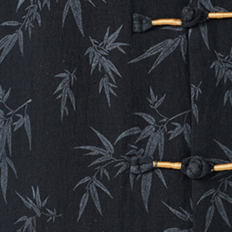 Camisa de lino y algodón de manga corta para hombre, con estampado de hojas de bambú y Buddha Stones de verano, con botones de rana china - image 3