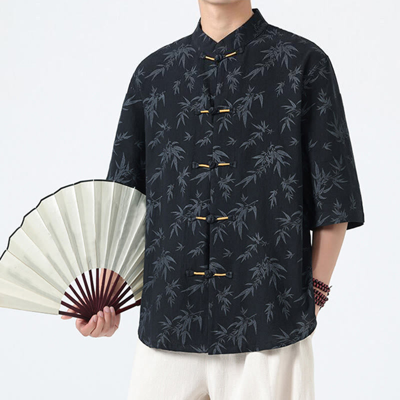 Camisa de lino y algodón de manga corta para hombre, con estampado de hojas de bambú y Buddha Stones de verano, con botones de rana china - image 1