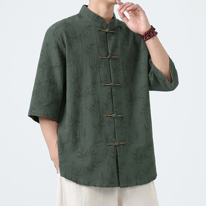 Camisa de lino y algodón de manga corta para hombre, con estampado de hojas de bambú y Buddha Stones de verano, con botones de rana china - image 9