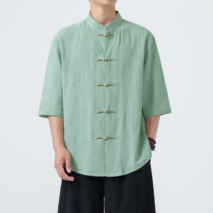 Camisa de lino y algodón de manga corta para hombre, con estampado de hojas de bambú y Buddha Stones de verano, con botones de rana china - image 12