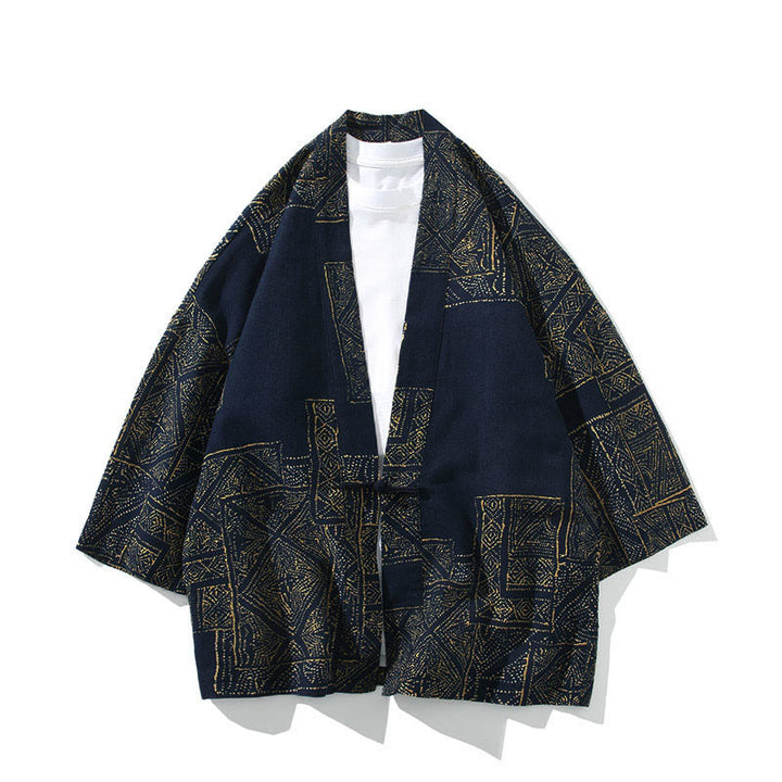 Chaqueta tipo kimono de algodón para hombre, con diseño geométrico de Buddha Stones , rayas y mariposas, de media manga y frente abierto. - Azul cuadrado - US/UK/AU46, EU56 (5XL) - image 0