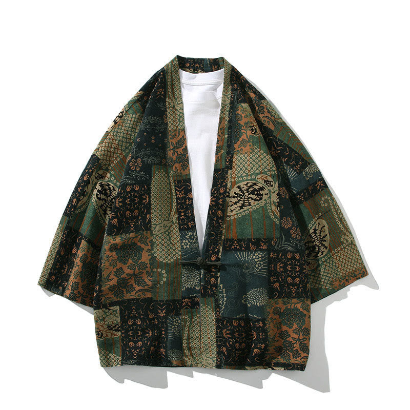 Chaqueta tipo kimono de algodón para hombre, con diseño geométrico de Buddha Stones , rayas y mariposas, de media manga y frente abierto. - Verde floral - US/UK/AU46, EU56 (5XL) - image 11