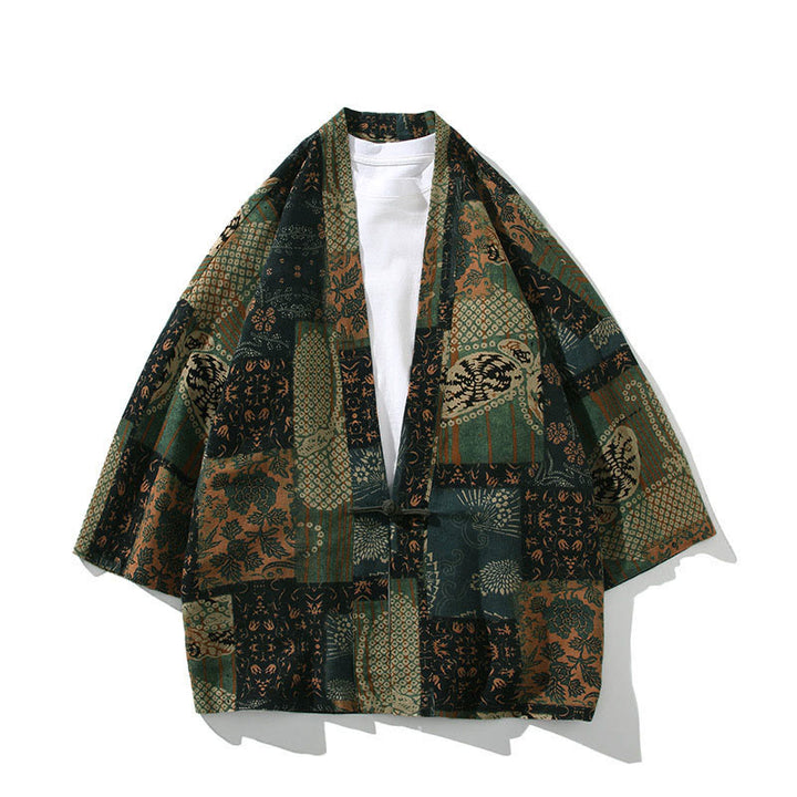 Chaqueta tipo kimono de algodón para hombre, con diseño geométrico de Buddha Stones , rayas y mariposas, de media manga y frente abierto. - Verde floral - US/UK/AU46, EU56 (5XL) - image 11