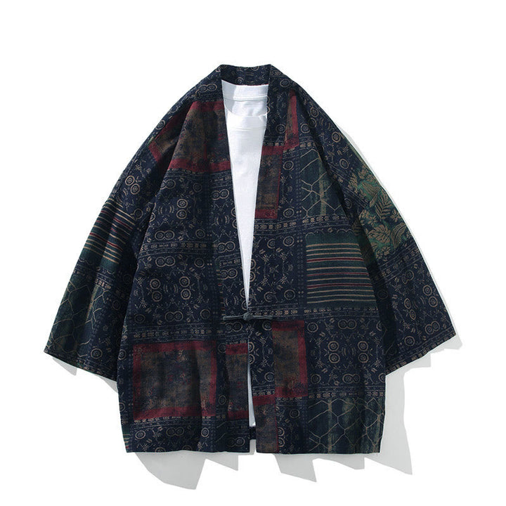 Chaqueta tipo kimono de algodón para hombre, con diseño geométrico de Buddha Stones , rayas y mariposas, de media manga y frente abierto. - Rayas azul acero - US/UK/AU46, EU56 (5XL) - image 12