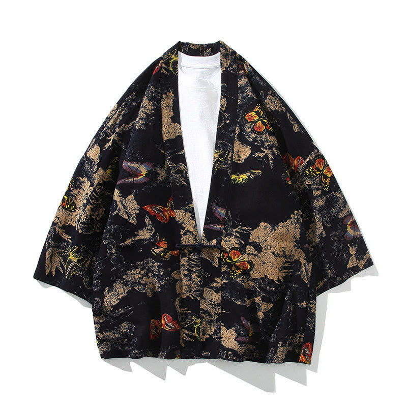 Chaqueta tipo kimono de algodón para hombre, con diseño geométrico de Buddha Stones , rayas y mariposas, de media manga y frente abierto. - Mariposa negra - US/UK/AU46, EU56 (5XL) - image 13
