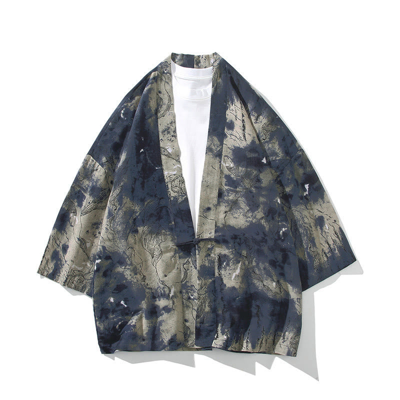 Kimono para hombre con Buddha Stones, geometría, rayas florales y mariposas, diseño abierto y manga corta. - Azul tinta beige - US/UK/AU46, EU56 (5XL) - image 14