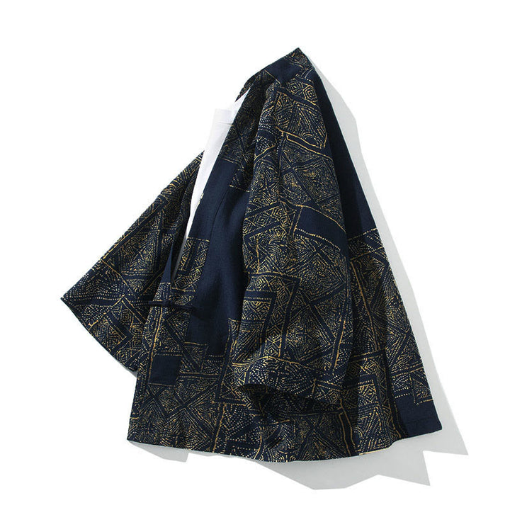 Kimono para hombre con Buddha Stones, geometría, rayas florales y mariposas, diseño abierto y manga corta. - image 2