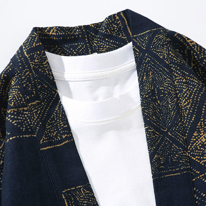 Chaqueta tipo kimono de algodón para hombre, con diseño geométrico de Buddha Stones , rayas y mariposas, de media manga y frente abierto. - image 3