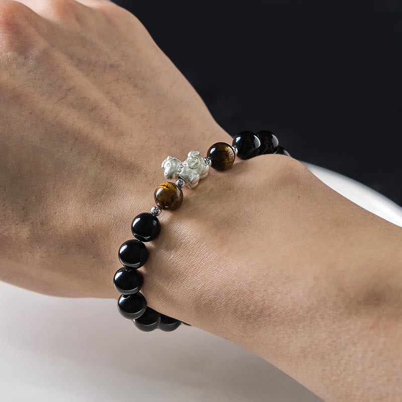 Pulsera de fuerza con dije de caballo de obsidiana negra y ojo de tigre en plata de ley 999 con Buddha Stones y año del caballo - image 4