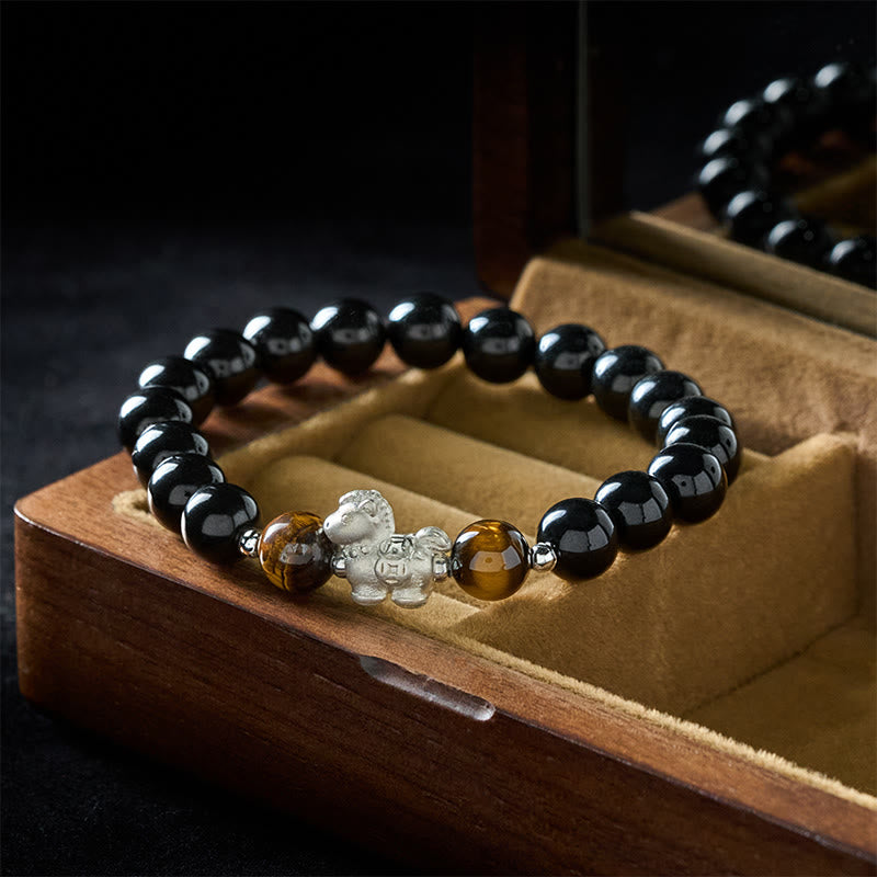 Pulsera de fuerza con dije de caballo de obsidiana negra y ojo de tigre en plata de ley 999 con Buddha Stones y año del caballo - image 2