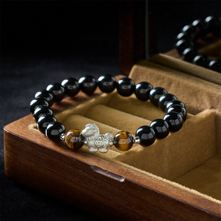 Pulsera de fuerza con dije de caballo de obsidiana negra y ojo de tigre en plata de ley 999 con Buddha Stones y año del caballo - image 2