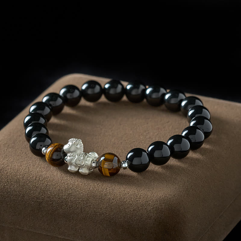 Pulsera de fuerza con dije de caballo de obsidiana negra y ojo de tigre en plata de ley 999 con Buddha Stones y año del caballo - 10 mm - image 0