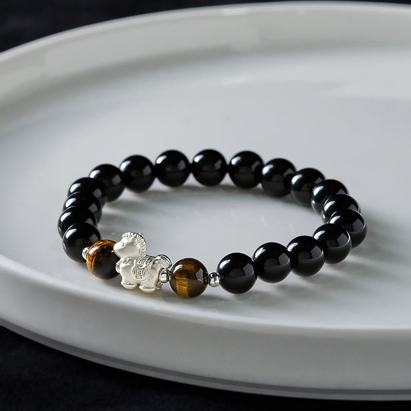 Pulsera de fuerza con dije de caballo de obsidiana negra y ojo de tigre en plata de ley 999 con Buddha Stones y año del caballo - image 3