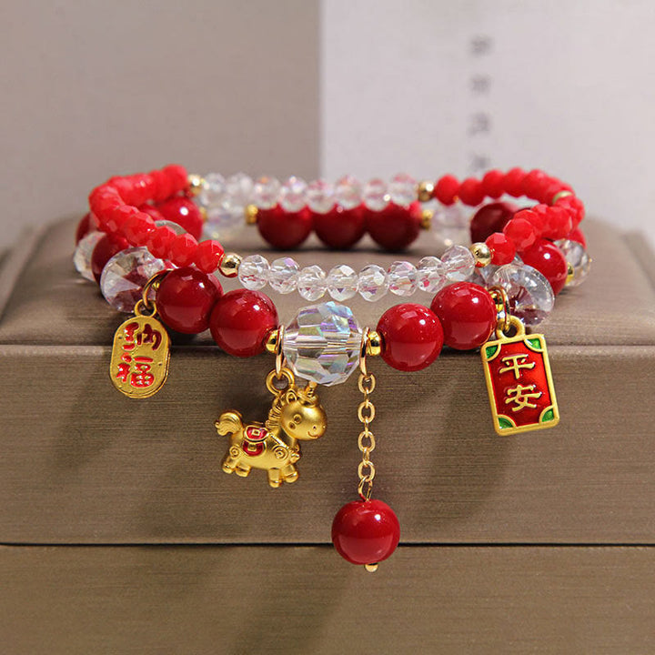 Pulsera de la prosperidad con lingotes del Año del Caballo y Buddha Stones - 2 piezas Enjoy Happiness Safe Horse (circunferencia de la muñeca: 14-15 cm) - image 0