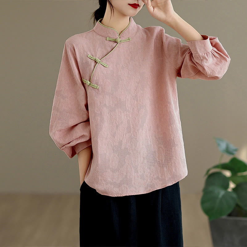 Camisa de algodón para mujer, de manga larga, cuello alto, botones de rana y flores tradicionales de primavera con Buddha Stones - image 7