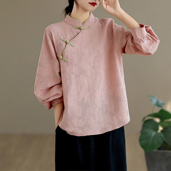 Camisa de algodón para mujer, de manga larga, cuello alto, botones de rana y flores tradicionales de primavera con Buddha Stones - image 7