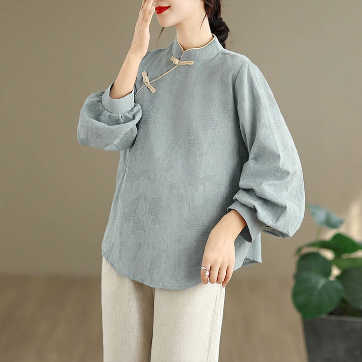 Camisa de algodón para mujer, de manga larga, cuello alto, botones de rana y flores tradicionales de primavera con Buddha Stones - image 3