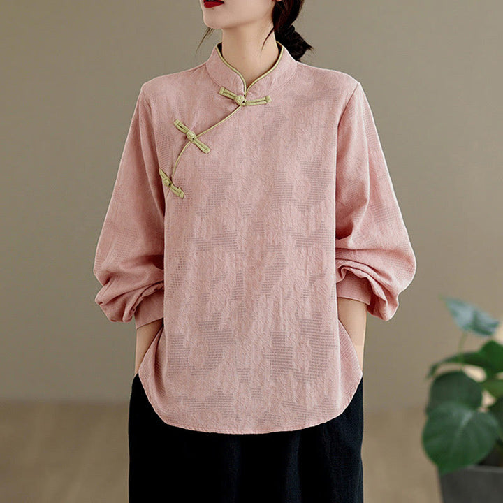 Camisa de algodón para mujer, de manga larga, cuello alto, botones de rana y flores tradicionales de primavera con Buddha Stones - Rosa - US8-10，UK/AU12-14，EU40-42 (2XL) - image 6