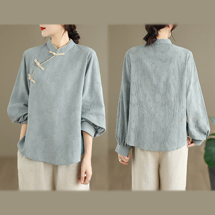 Camisa de algodón para mujer, de manga larga, cuello alto, botones de rana y flores tradicionales de primavera con Buddha Stones - image 4