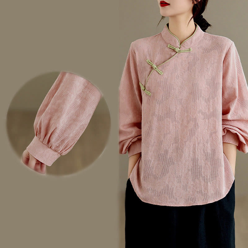 Camisa de algodón para mujer, de manga larga, cuello alto, botones de rana y flores tradicionales de primavera con Buddha Stones - image 18